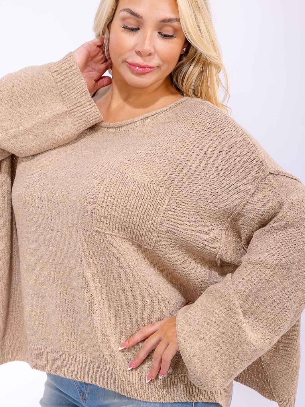 PLUS SIZE LONG SLEEVE FRONT POCKET KNIT PULLOVER SWEATER