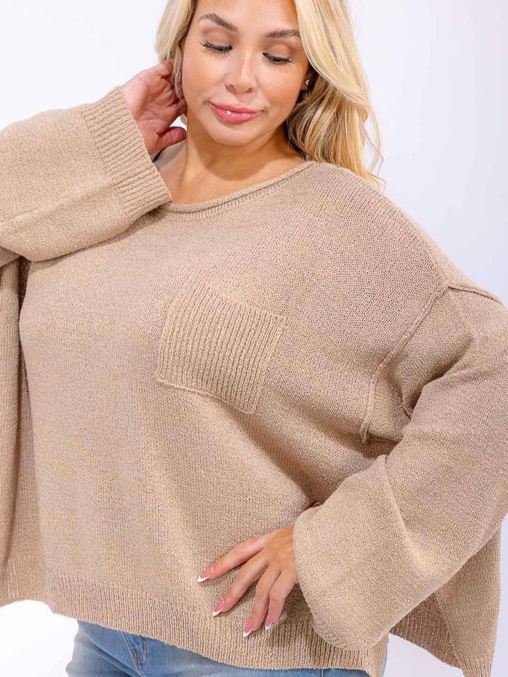 PLUS SIZE LONG SLEEVE FRONT POCKET KNIT PULLOVER SWEATER