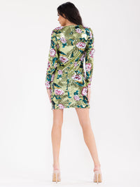 WOMEN'S LONG SLEEVE FLORAL SEQUINS BODYCON MINI DRESS