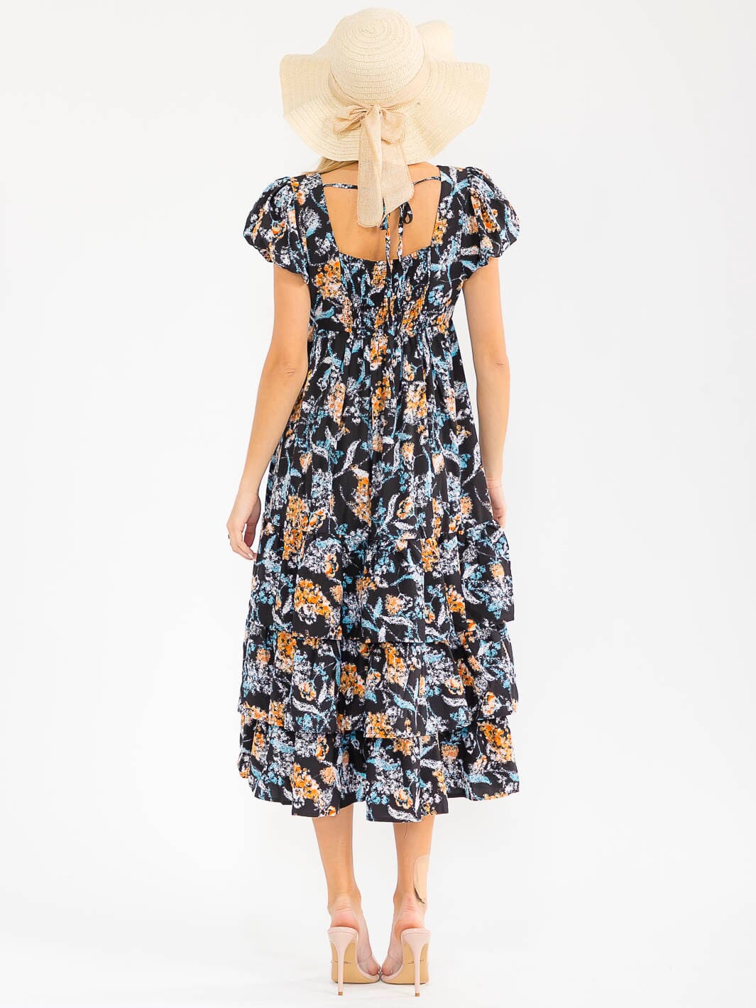 WOMEN'S SHORT SLEEVES SQUARE NECK SMOCK FLORAL PRINT MAXI DRESS