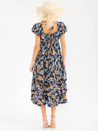 WOMEN'S SHORT SLEEVES SQUARE NECK SMOCK FLORAL PRINT MAXI DRESS