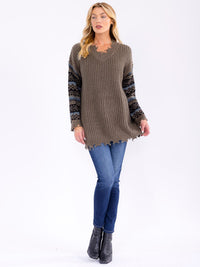 WOMEN'S LONG SLEEVE V-NECK RAW EDGE PULLOVER KNIT SWEATER