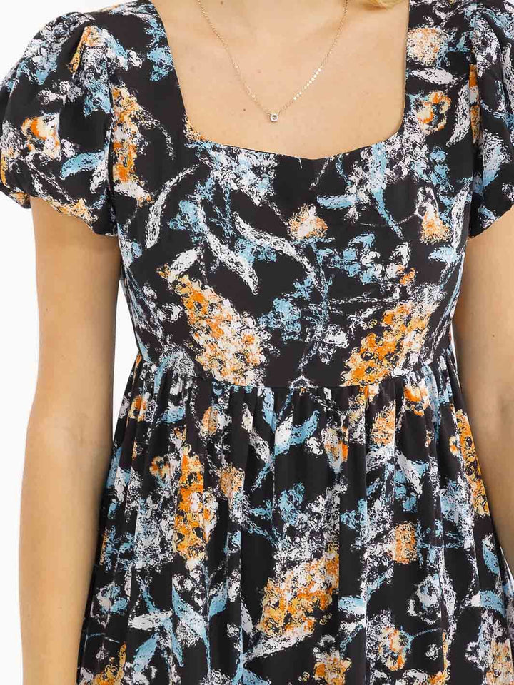 WOMEN'S SHORT SLEEVES SQUARE NECK SMOCK FLORAL PRINT MAXI DRESS