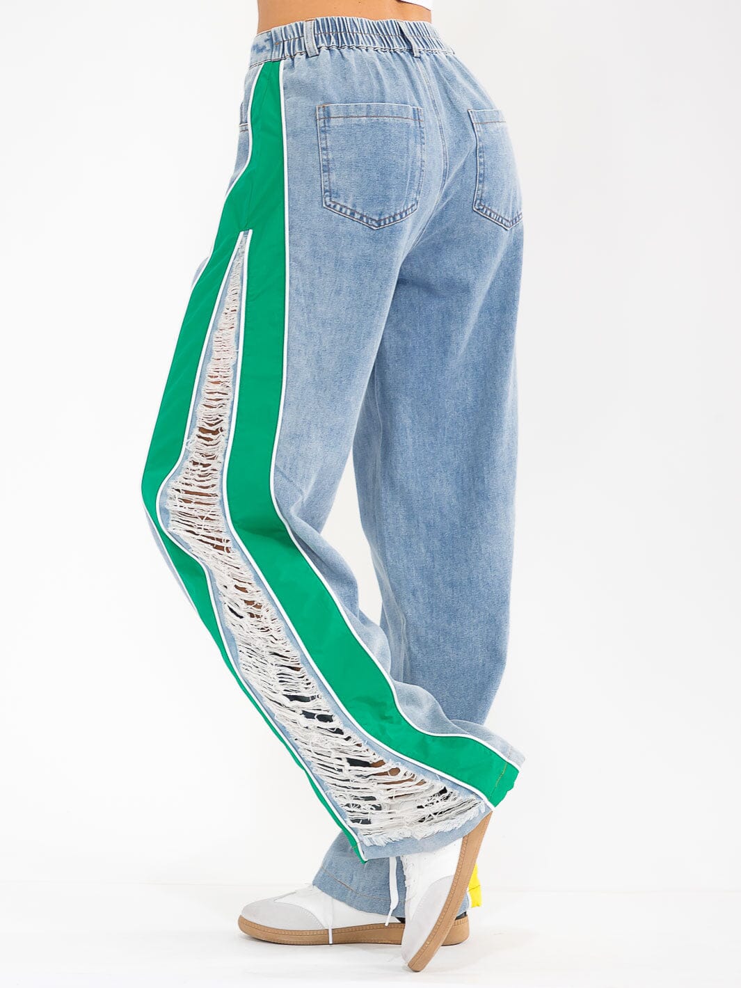 WOMEN'S BUTTON CLOSURE POCKETS DISTRESS COLORBLOCK WIDE LEG DENIM CONTRAST PANTS