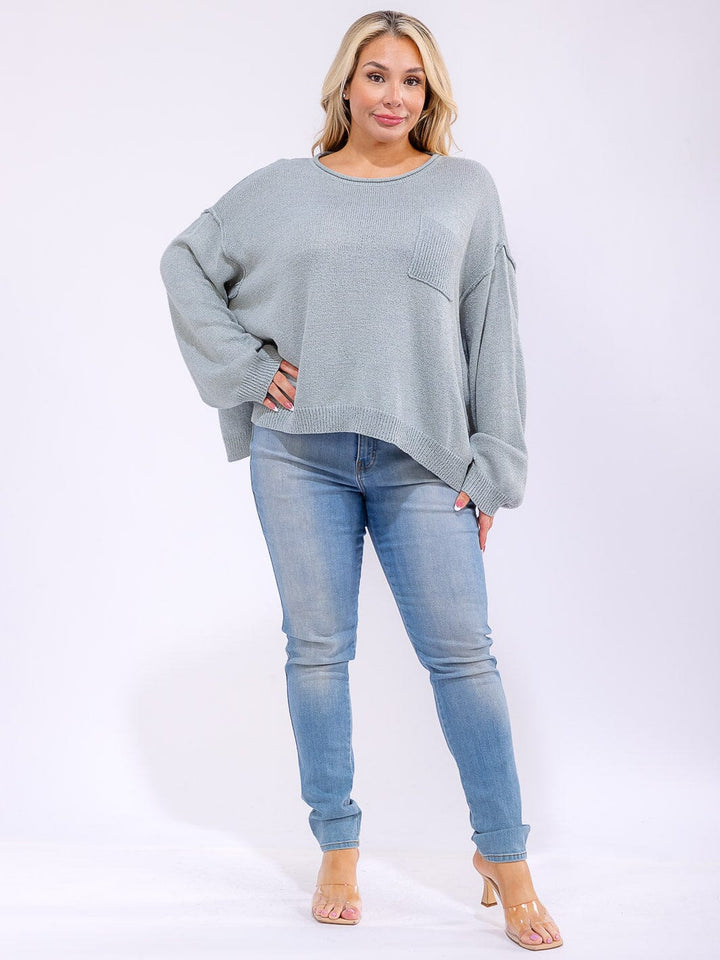 PLUS SIZE LONG SLEEVE FRONT POCKET KNIT PULLOVER SWEATER