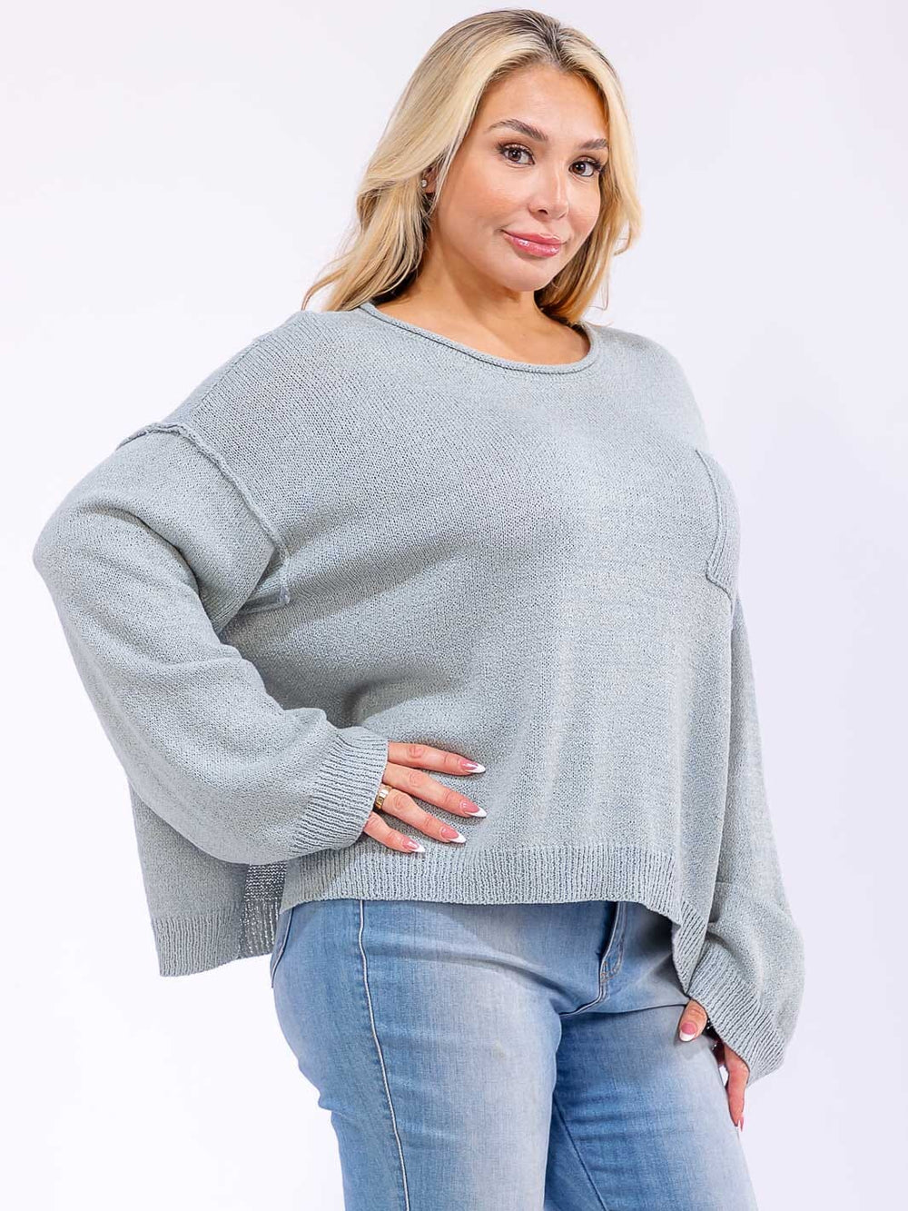 PLUS SIZE LONG SLEEVE FRONT POCKET KNIT PULLOVER SWEATER