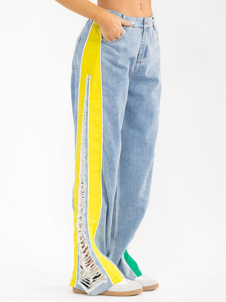 WOMEN'S BUTTON CLOSURE POCKETS DISTRESS COLORBLOCK WIDE LEG DENIM CONTRAST PANTS
