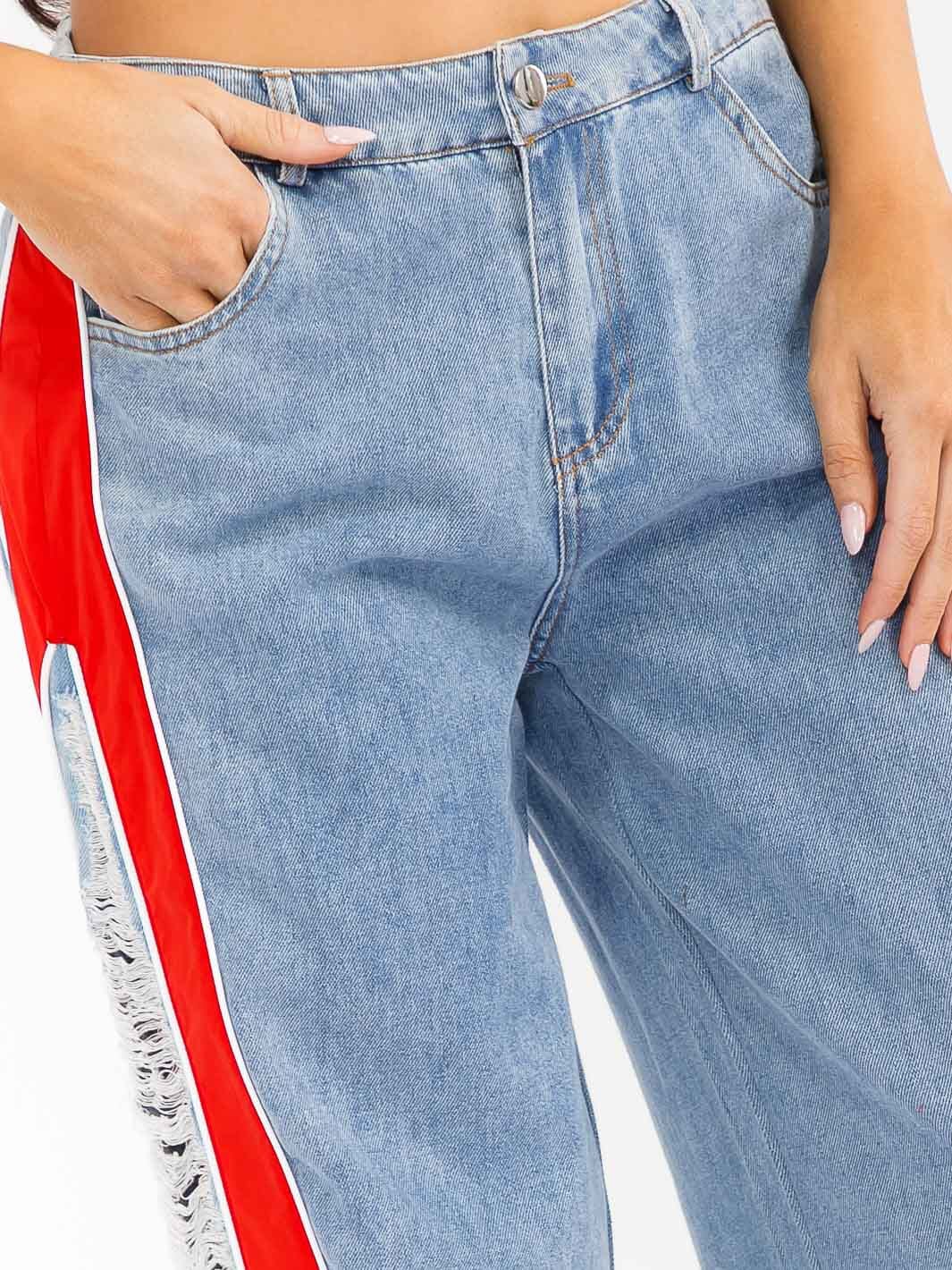 WOMEN'S BUTTON CLOSURE POCKETS DISTRESS COLORBLOCK WIDE LEG DENIM CONTRAST PANTS