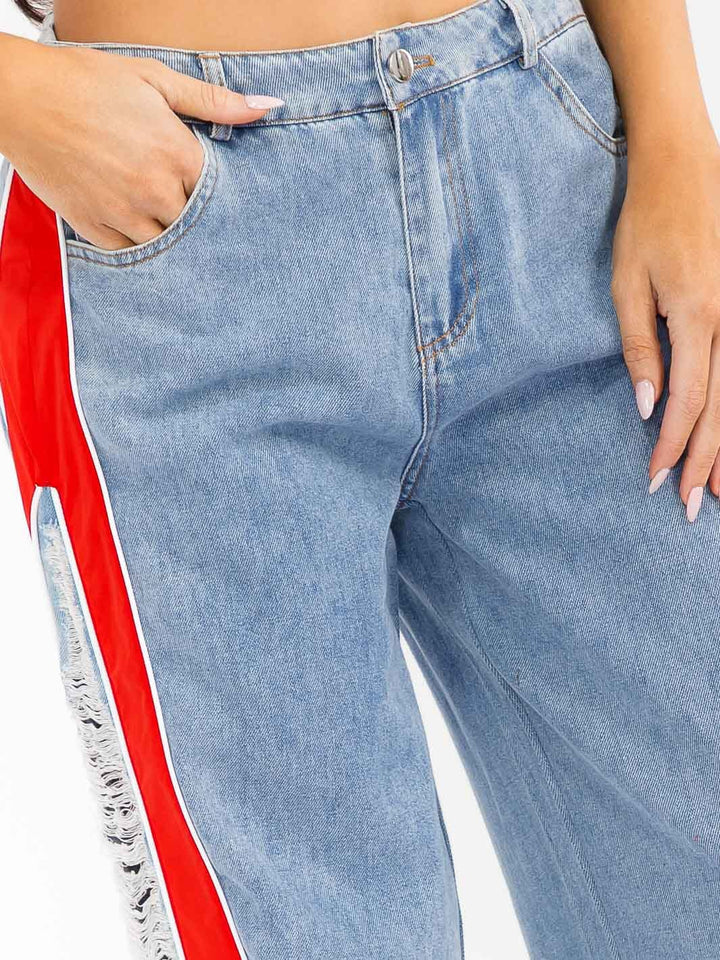 WOMEN'S BUTTON CLOSURE POCKETS DISTRESS COLORBLOCK WIDE LEG DENIM CONTRAST PANTS