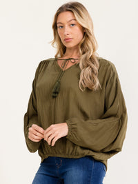 WOMEN'S LONG SLEEVE V-NECK ELASTIC WAIST BLOUSE