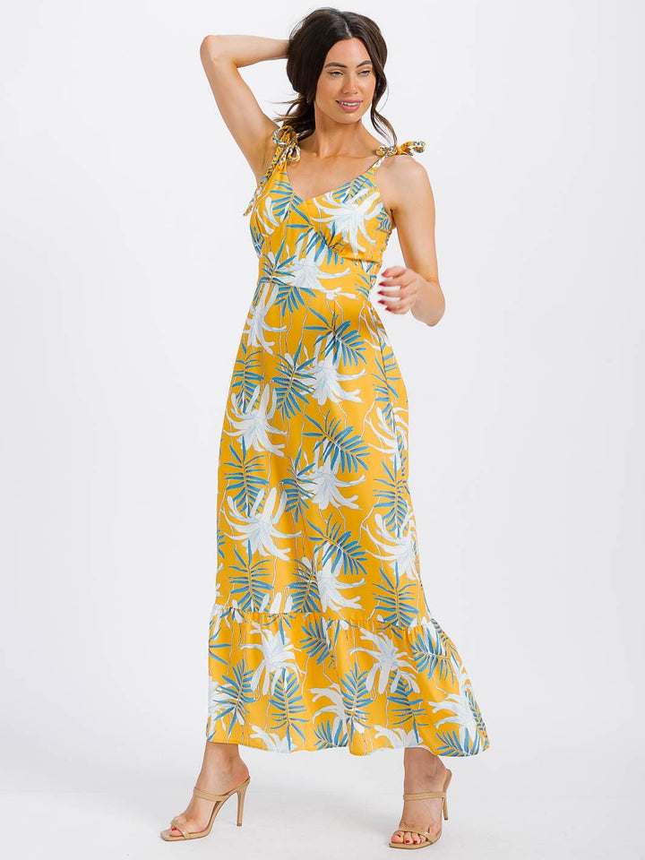 WOMEN'S SLEEVELESS V-NECK SMOCK LEAF PRINT MAXI DRESS