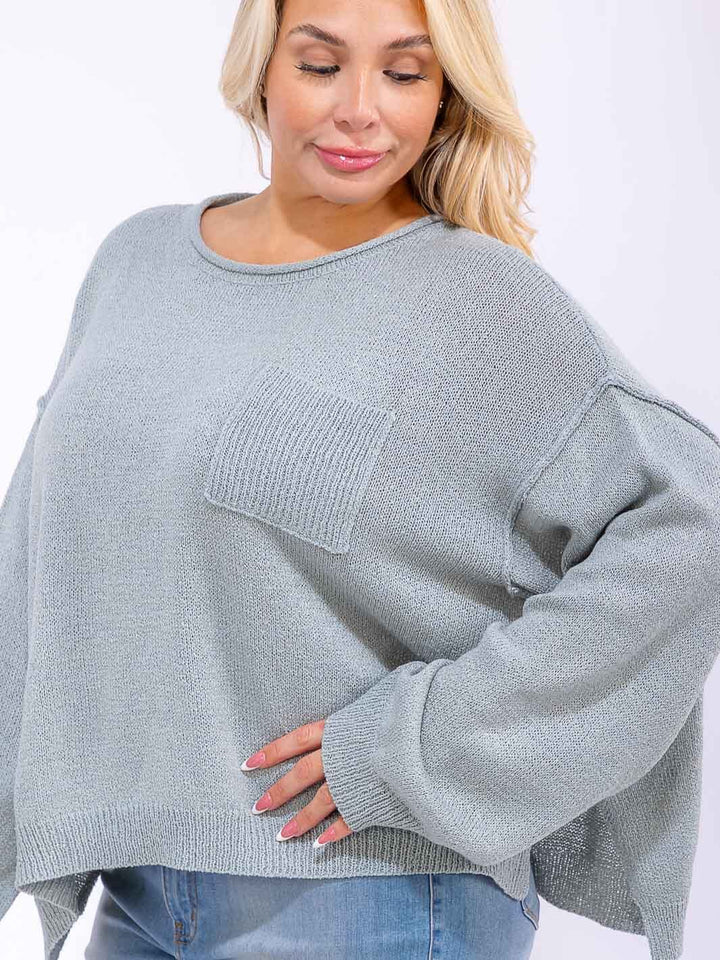 PLUS SIZE LONG SLEEVE FRONT POCKET KNIT PULLOVER SWEATER