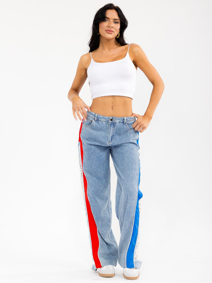 WOMEN'S BUTTON CLOSURE POCKETS DISTRESS COLORBLOCK WIDE LEG DENIM CONTRAST PANTS