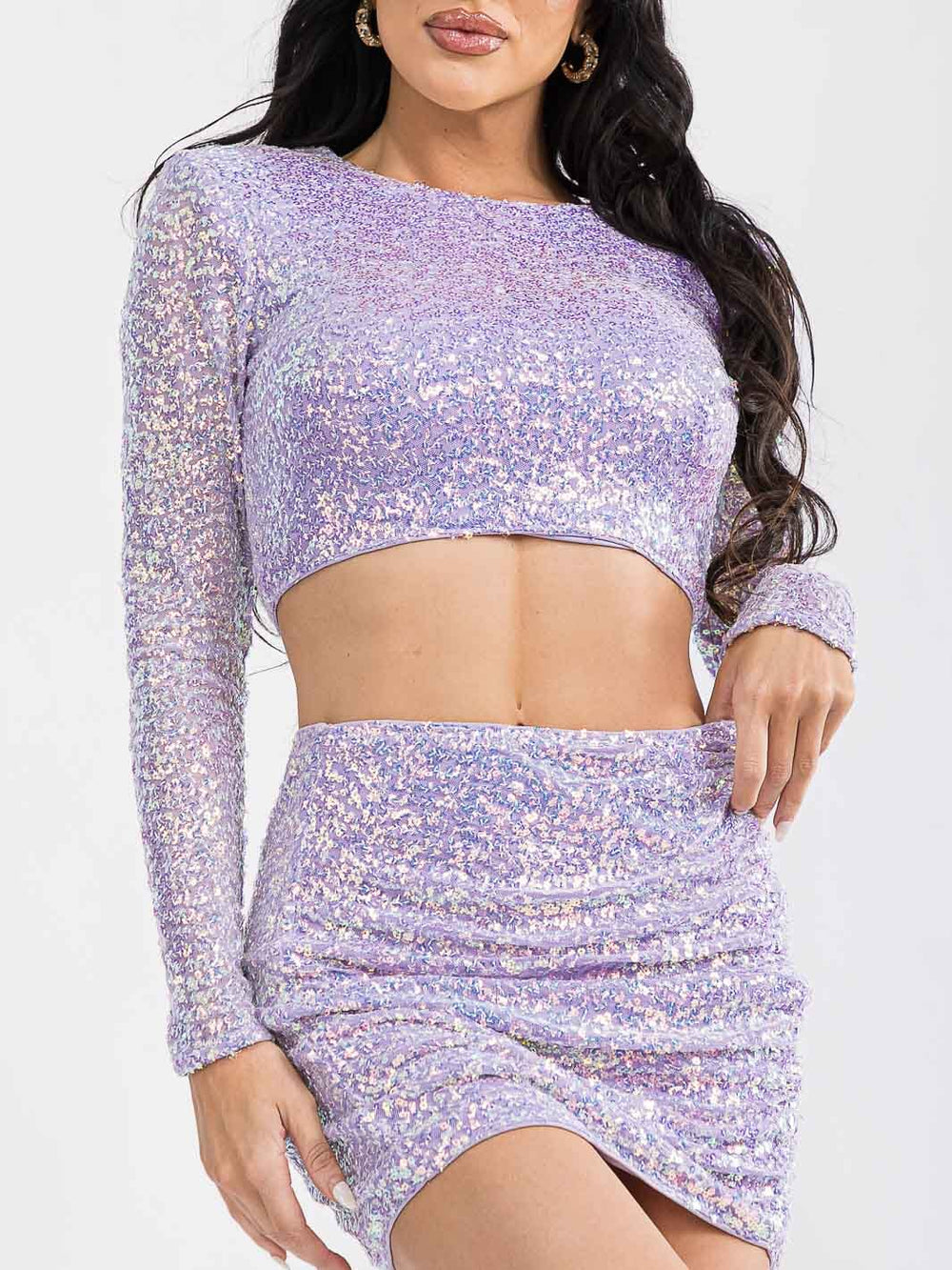 WOMEN'S LONG SLEEVE CROP TOP & MINI SKIRT SEQUINS 2PC. SET