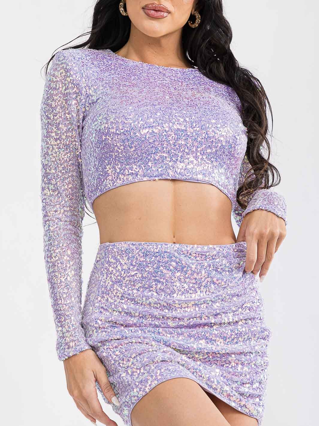 WOMEN'S LONG SLEEVE CROP TOP & MINI SKIRT SEQUINS 2PC. SET