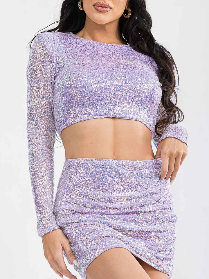 WOMEN'S LONG SLEEVE CROP TOP & MINI SKIRT SEQUINS 2PC. SET