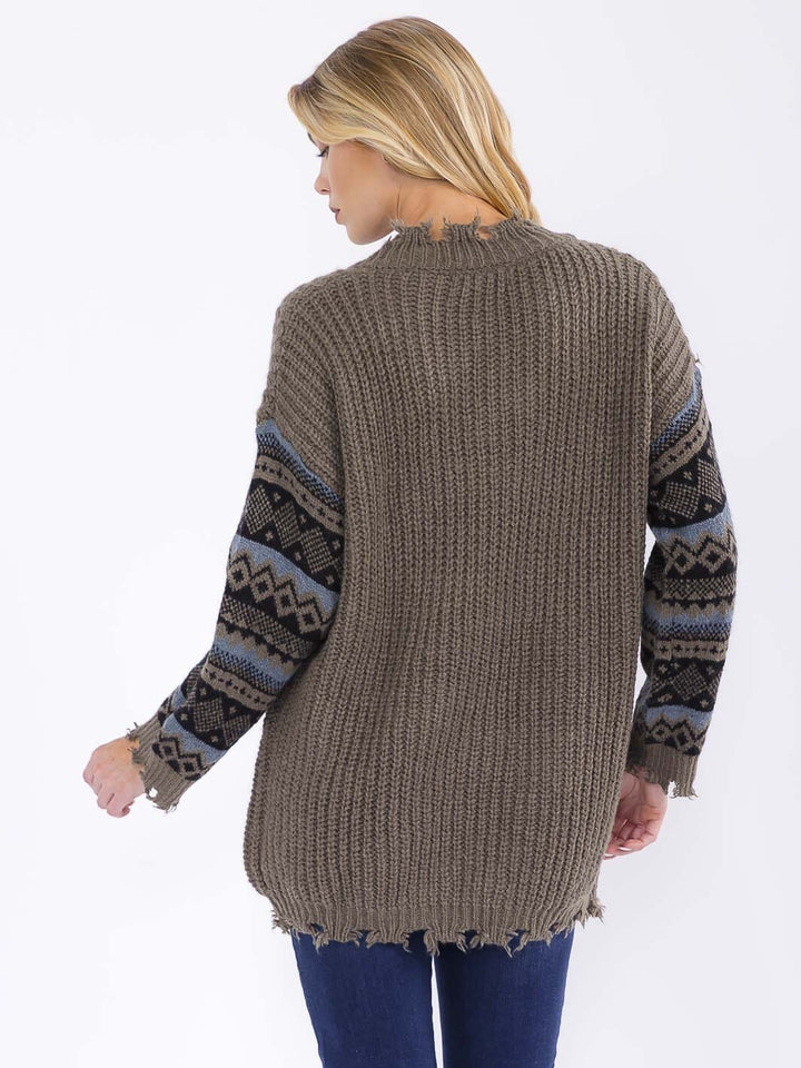 WOMEN'S LONG SLEEVE V-NECK RAW EDGE PULLOVER KNIT SWEATER