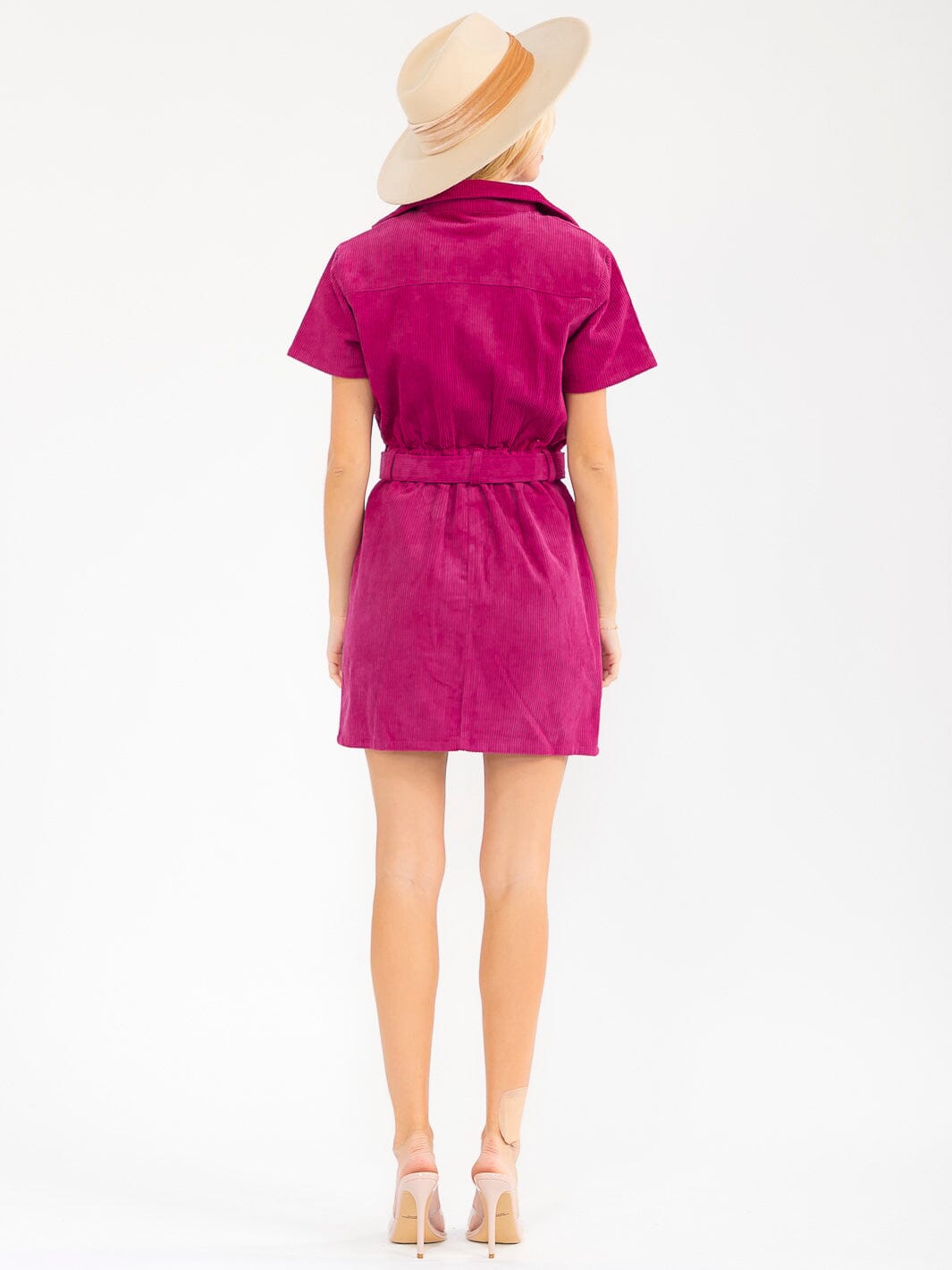 WOMEN'S SHORT SLEEVES ZIPPER CLOSURE BELTED FRONT POCKETS CORDUROY MINI DRESS