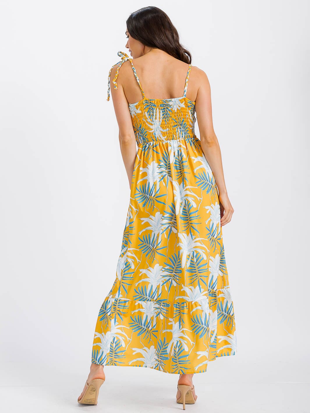 WOMEN'S SLEEVELESS V-NECK SMOCK LEAF PRINT MAXI DRESS