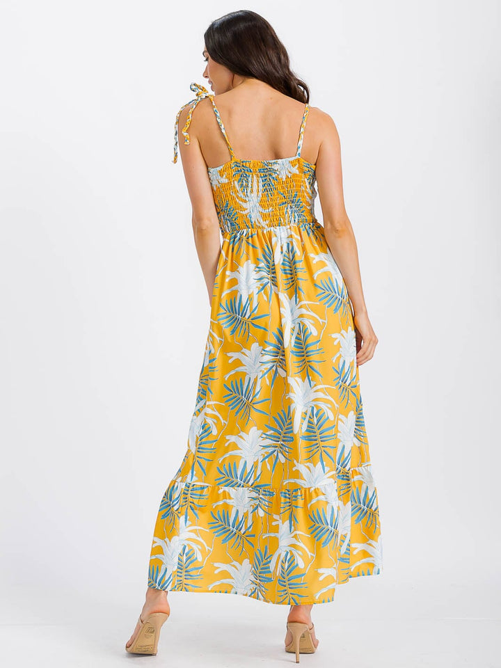 WOMEN'S SLEEVELESS V-NECK SMOCK LEAF PRINT MAXI DRESS