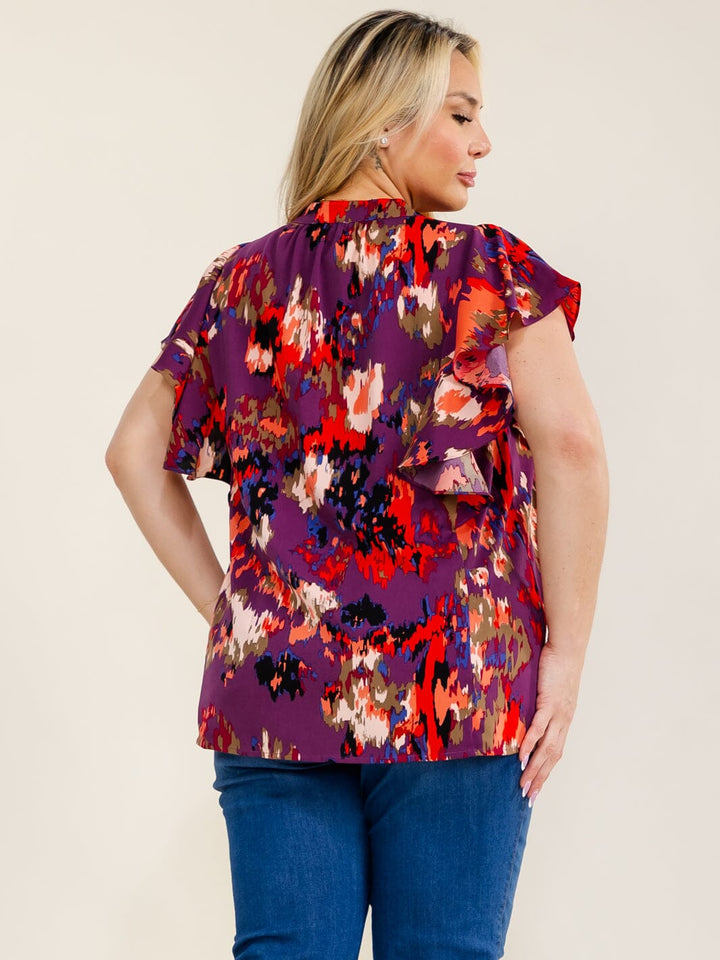 PLUS SIZE SHORT SLEEVE V-NECK MULTI PRINT PLEATED BLOUSE