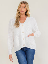WOMEN'S LONG SLEEVE V-NECK BUTTON UP FRONT POCKETS KNIT SWEATER