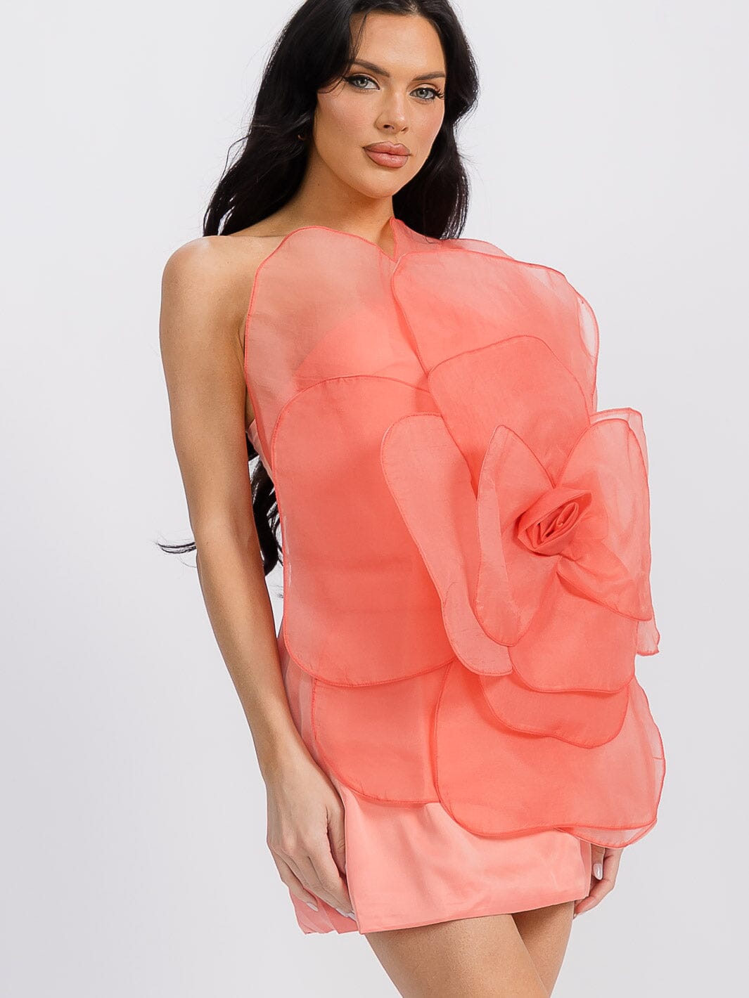 WOMEN'S SLEEVELESS ONE SHOULDER FLOWER DETAILED MINI DRESS