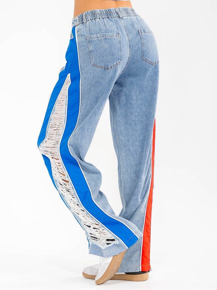 WOMEN'S BUTTON CLOSURE POCKETS DISTRESS COLORBLOCK WIDE LEG DENIM CONTRAST PANTS