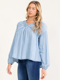 WOMEN'S LONG SLEEVE V-NECK TUNIC CHAMBRAY BLOUSE