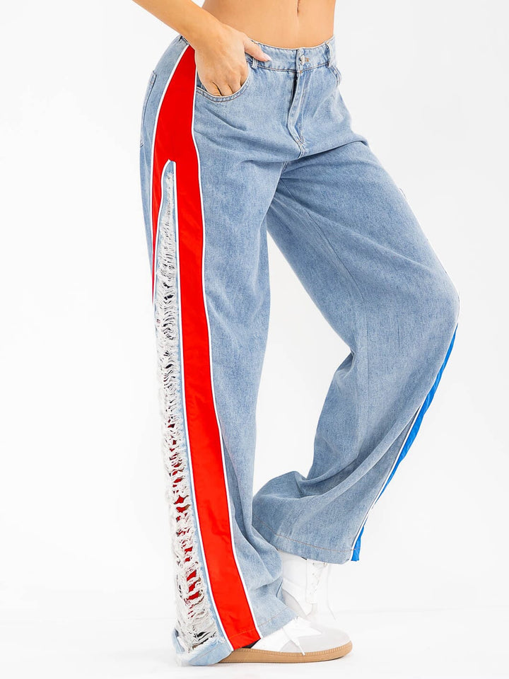 WOMEN'S BUTTON CLOSURE POCKETS DISTRESS COLORBLOCK WIDE LEG DENIM CONTRAST PANTS