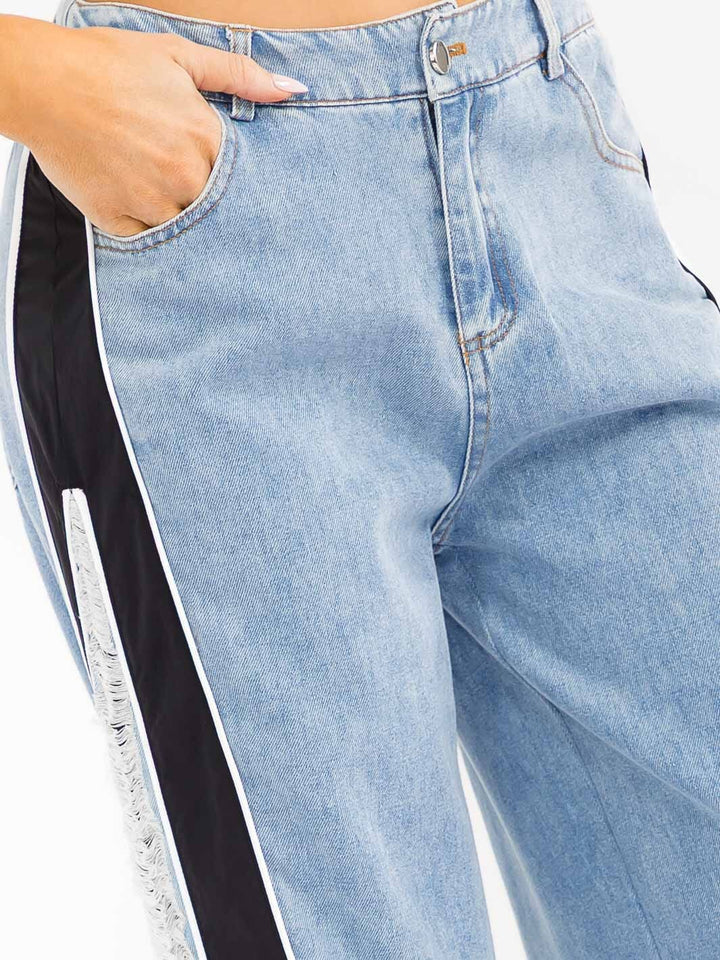 WOMEN'S BUTTON CLOSURE POCKETS DISTRESS COLORBLOCK WIDE LEG DENIM CONTRAST PANTS