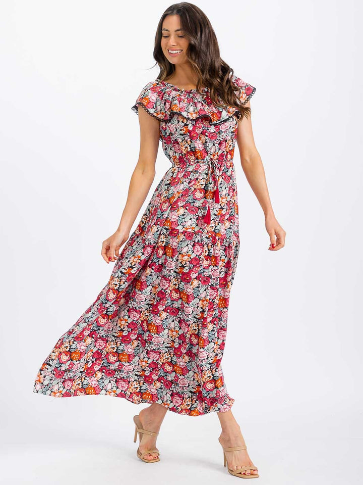 WOMEN'S RUFFLE SLEEVE ELASTIC WAIST TIERED FLORAL MAXI DRESS