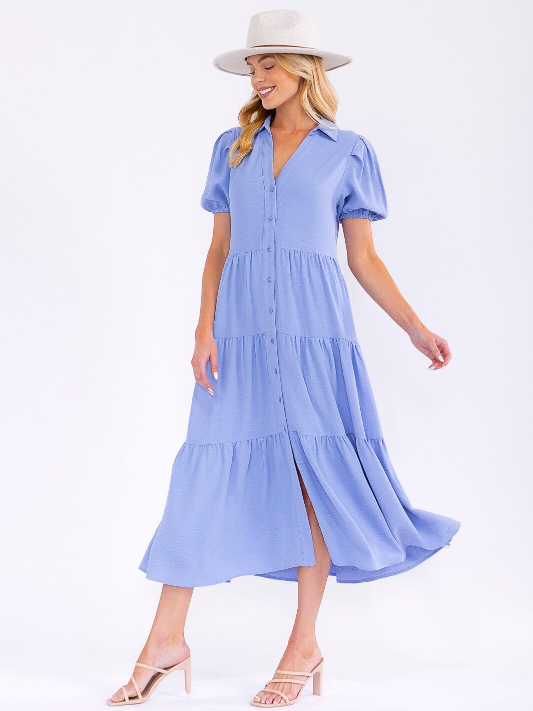 WOMEN'S SHORT SLEEVE V-NECK BUTTON UP TIERED MAXI DRESS