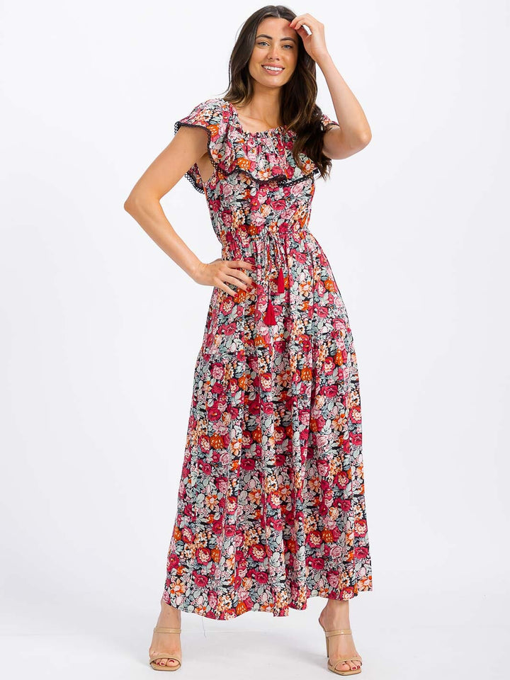 WOMEN'S RUFFLE SLEEVE ELASTIC WAIST TIERED FLORAL MAXI DRESS