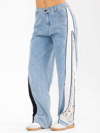 WOMEN'S BUTTON CLOSURE POCKETS DISTRESS COLORBLOCK WIDE LEG DENIM CONTRAST PANTS