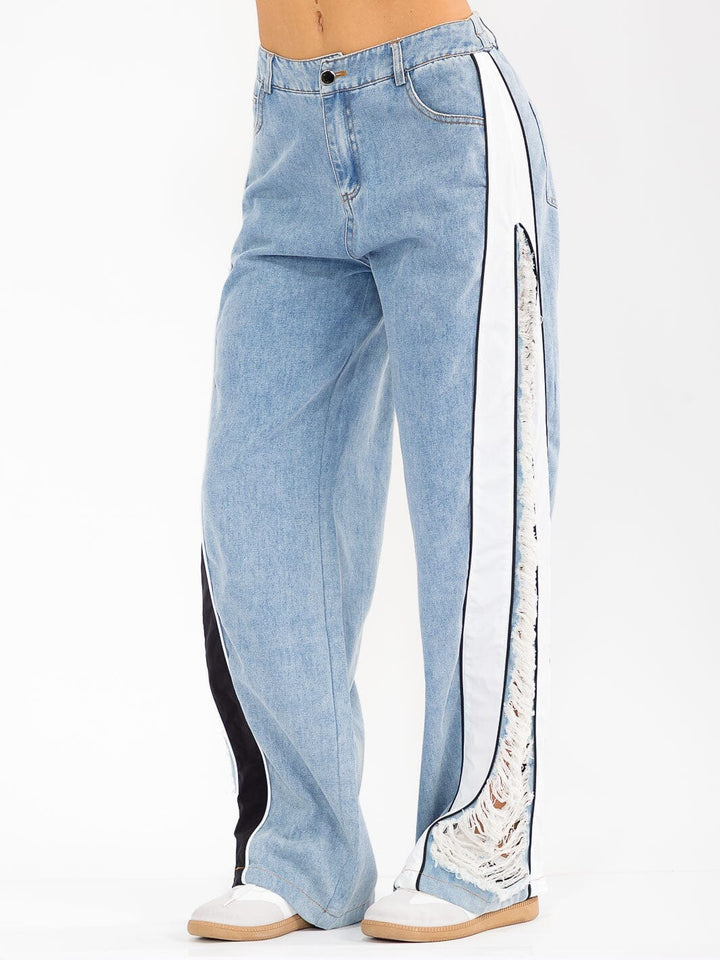 WOMEN'S BUTTON CLOSURE POCKETS DISTRESS COLORBLOCK WIDE LEG DENIM CONTRAST PANTS