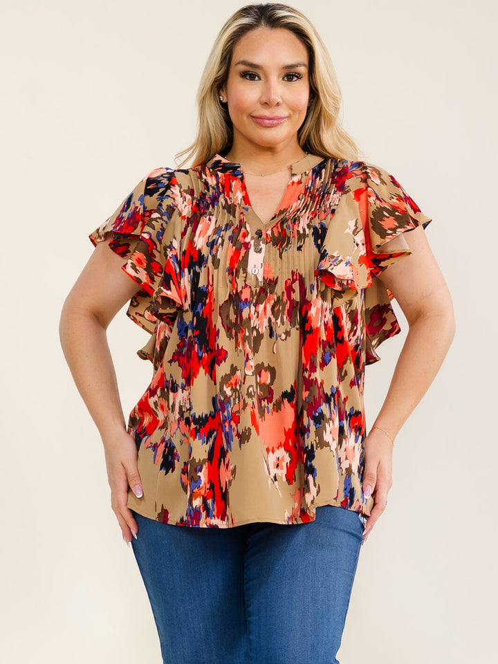 PLUS SIZE SHORT SLEEVE V-NECK MULTI PRINT PLEATED BLOUSE