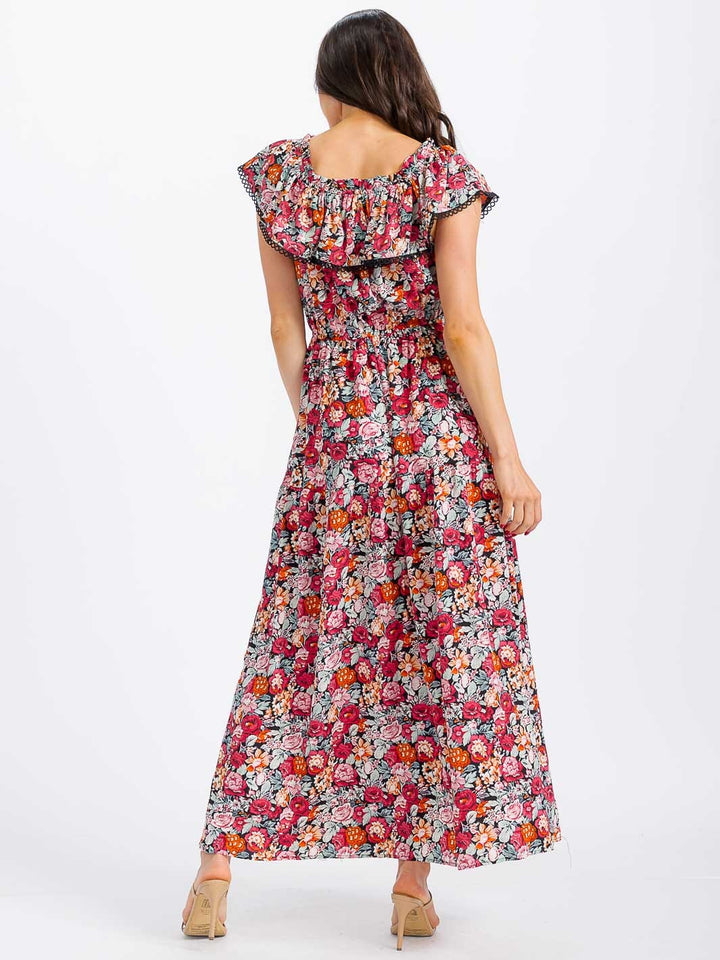 WOMEN'S RUFFLE SLEEVE ELASTIC WAIST TIERED FLORAL MAXI DRESS