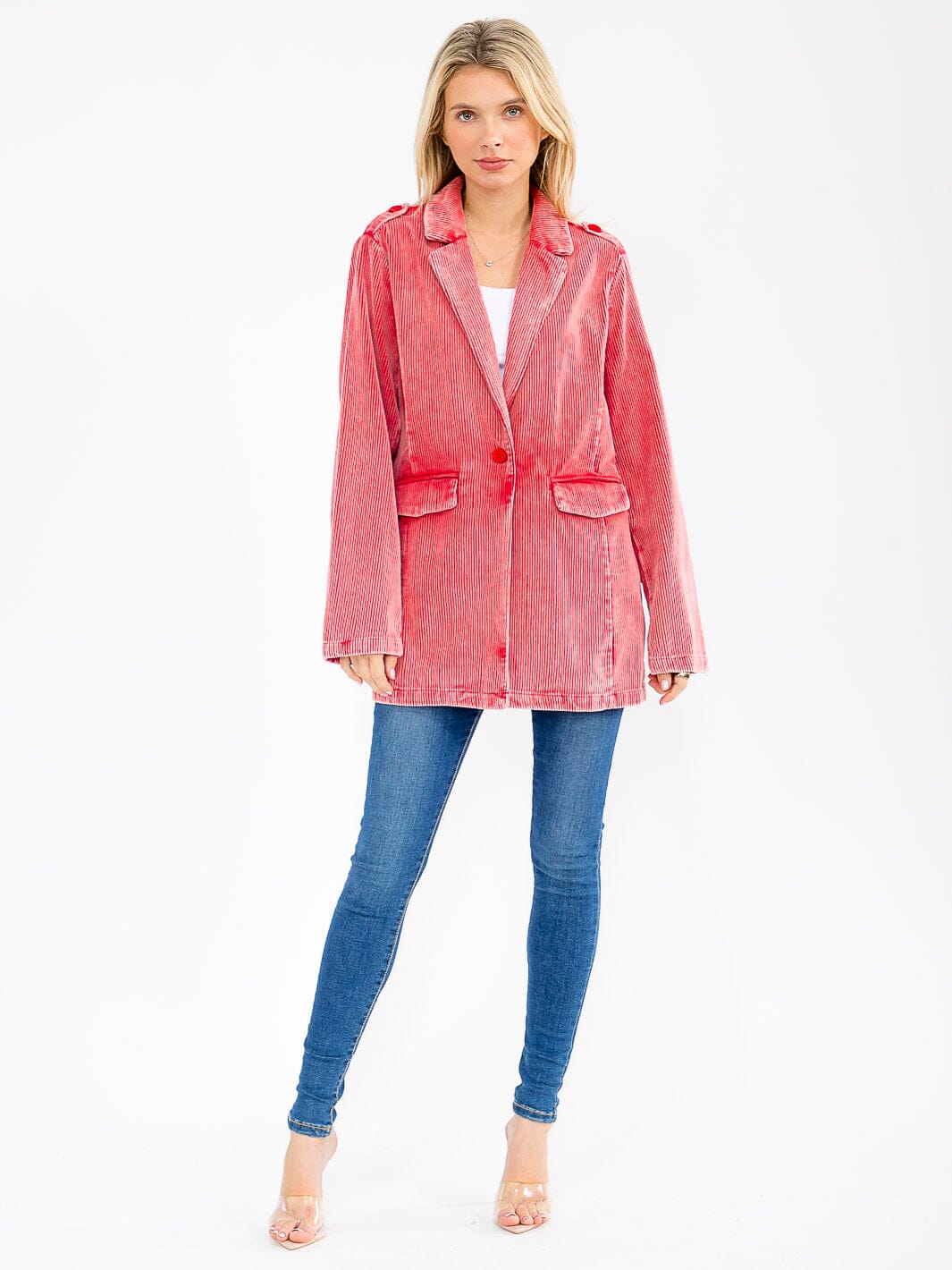 WOMEN'S LONG SLEEVE BUTTON CLOSURE FRONT POCKETS CORDUROY BLAZER