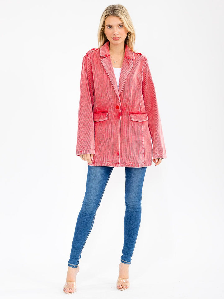 WOMEN'S LONG SLEEVE BUTTON CLOSURE FRONT POCKETS CORDUROY BLAZER