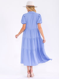 WOMEN'S SHORT SLEEVE V-NECK BUTTON UP TIERED MAXI DRESS