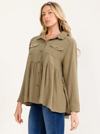 WOMEN'S LONG SLEEVE BUTTON UP FRONT POCKETS TUNIC BLOUSE