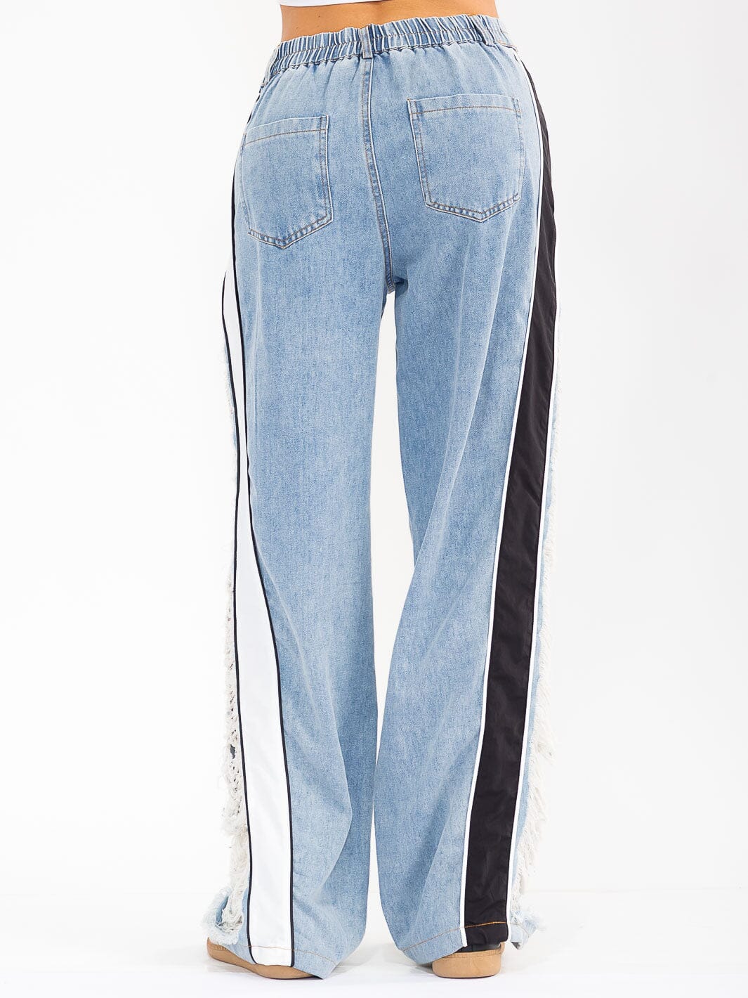 WOMEN'S BUTTON CLOSURE POCKETS DISTRESS COLORBLOCK WIDE LEG DENIM CONTRAST PANTS