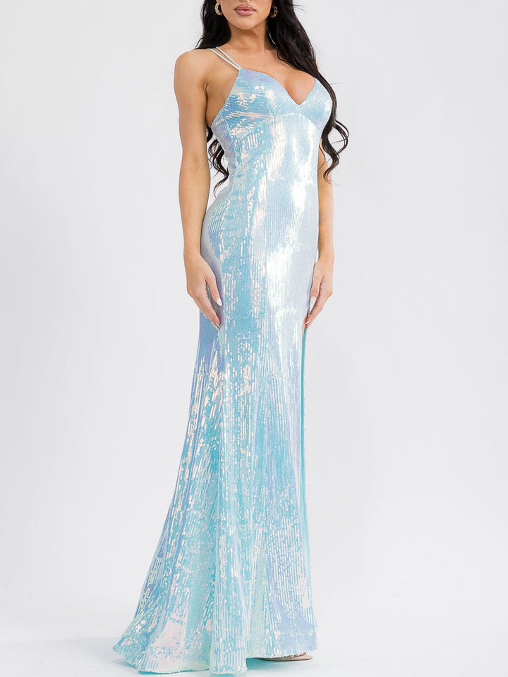 WOMEN'S SLEEVELESS V-NECK FRONT SLIT SEQUINS BODYCON MAXI DRESS