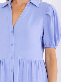 WOMEN'S SHORT SLEEVE V-NECK BUTTON UP TIERED MAXI DRESS