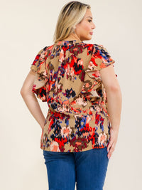 PLUS SIZE SHORT SLEEVE V-NECK MULTI PRINT PLEATED BLOUSE