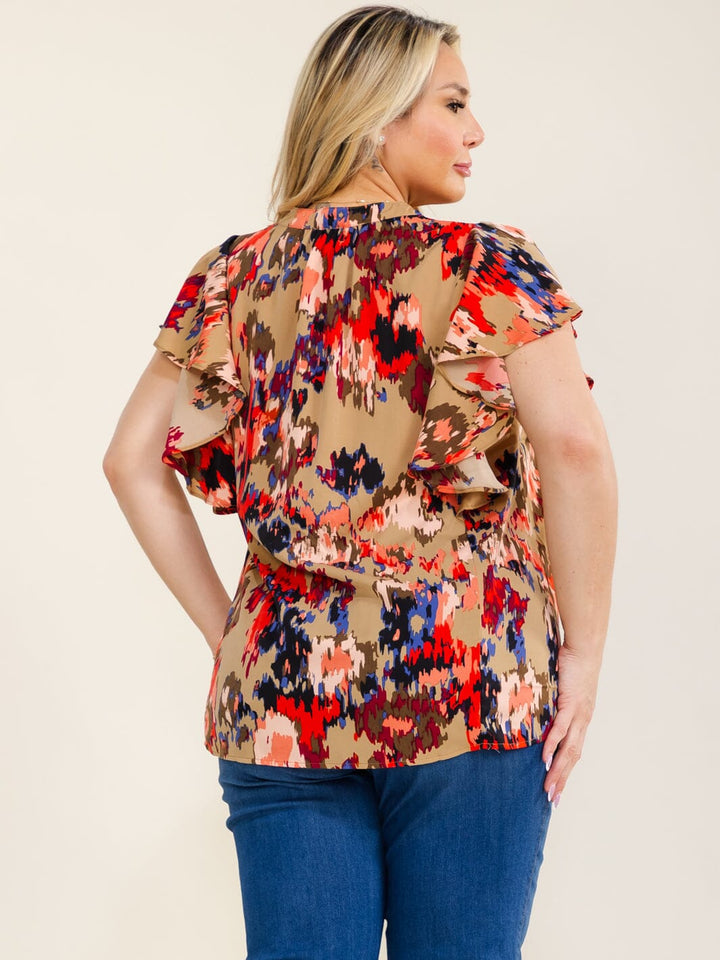 PLUS SIZE SHORT SLEEVE V-NECK MULTI PRINT PLEATED BLOUSE