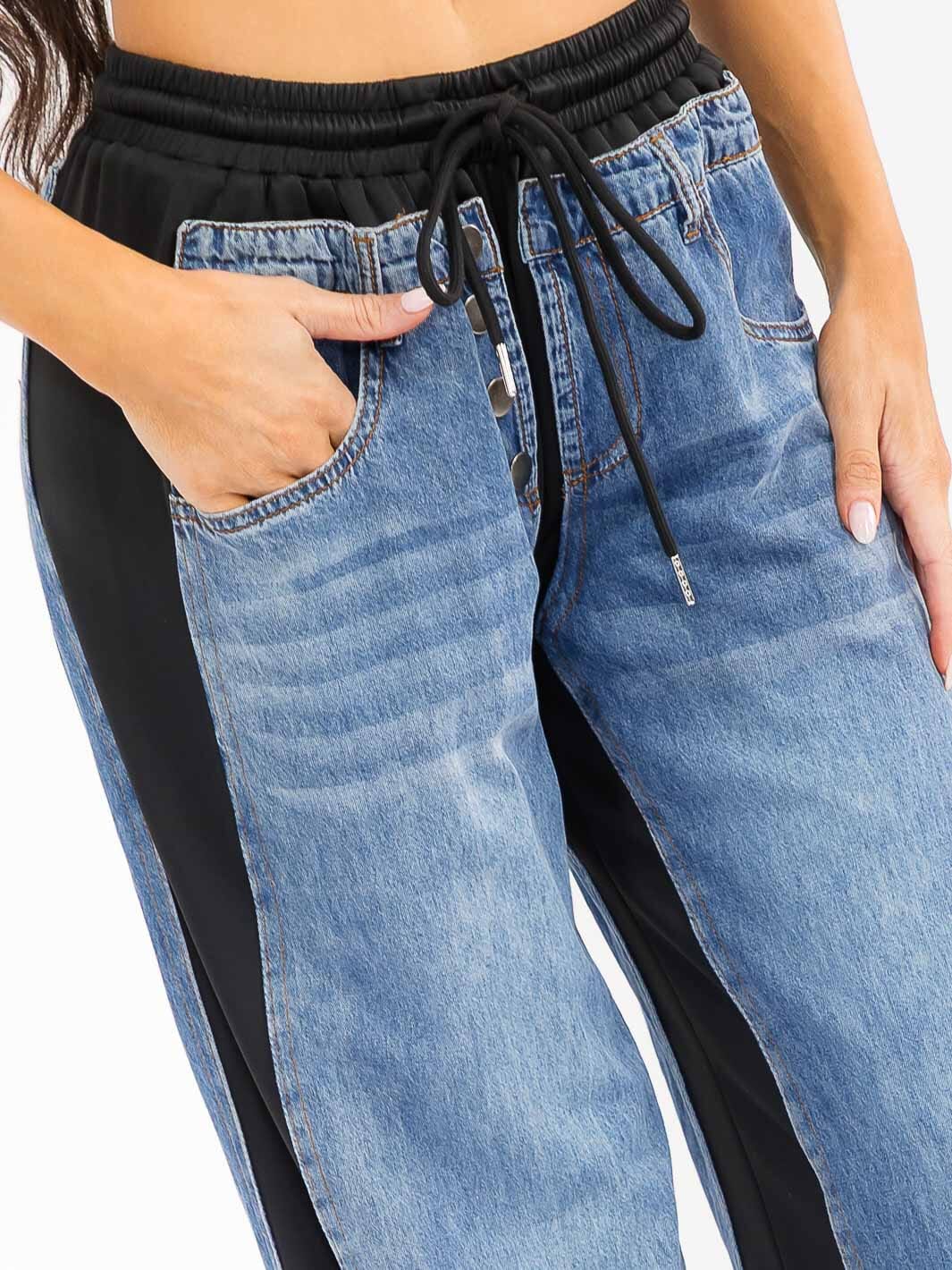 WOMEN'S ELASTIC WAIST SELF TIE POCKETS DENIM CONTRAST WIDE LEG WASHED PANTS