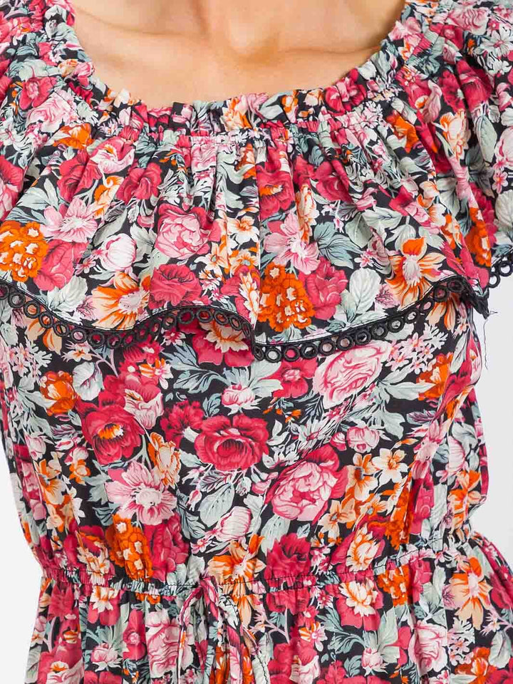 WOMEN'S RUFFLE SLEEVE ELASTIC WAIST TIERED FLORAL MAXI DRESS