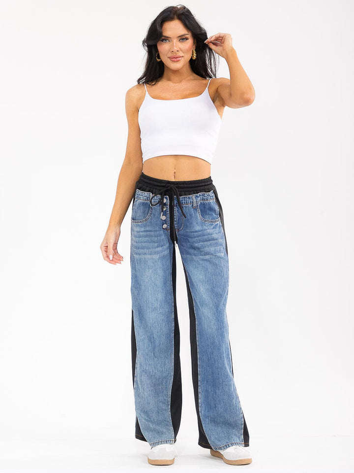 WOMEN'S ELASTIC WAIST SELF TIE POCKETS DENIM CONTRAST WIDE LEG WASHED PANTS